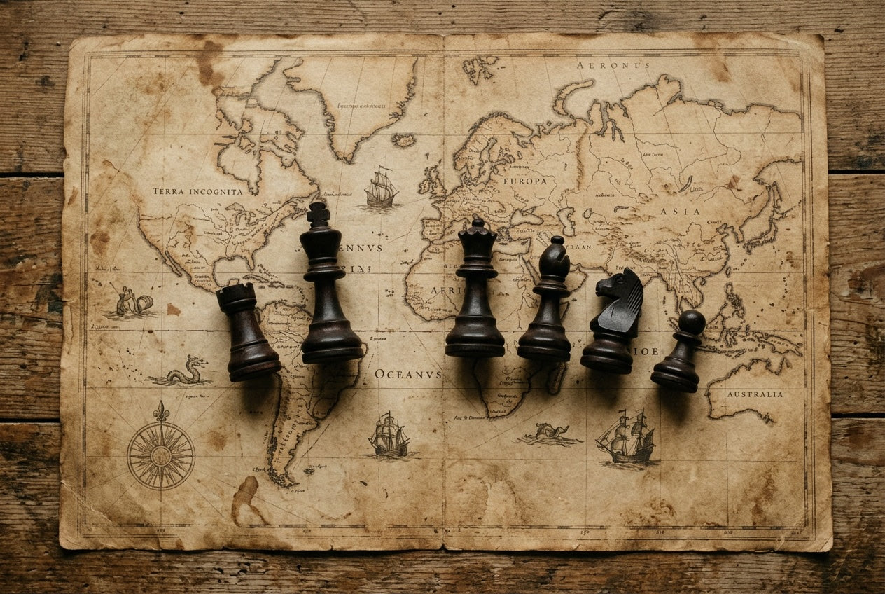 Chess pieces on an antique world map illustrating the history of chess