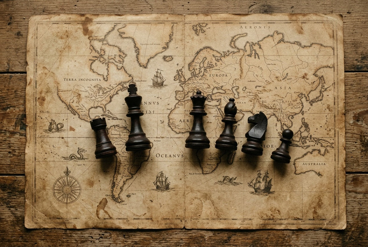 Chess pieces on an antique world map illustrating the history of chess